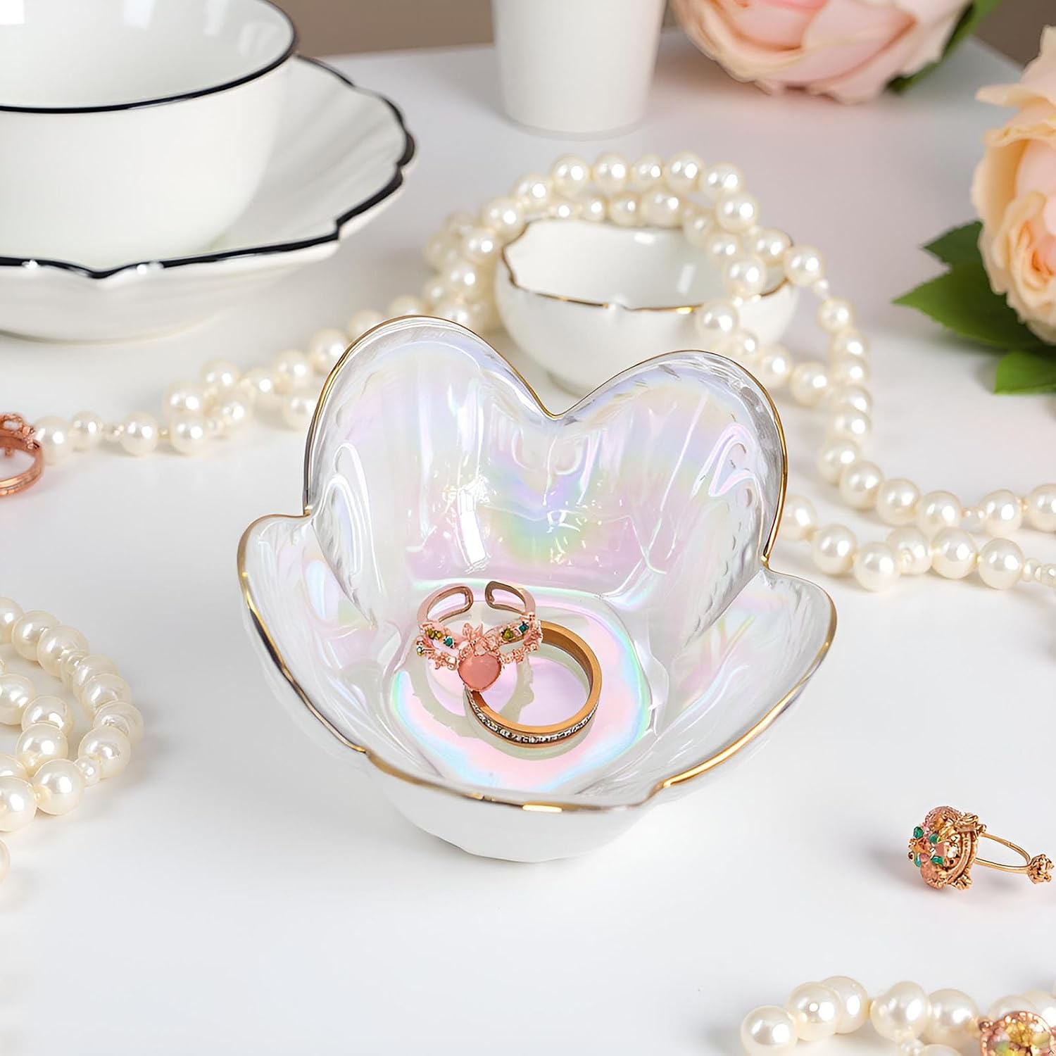 Rainbow Flower Ring Dish Jewelry Tray, Small Glass Trinket Tray for Rings Earrings, Present for Wife Mom Daughter Women