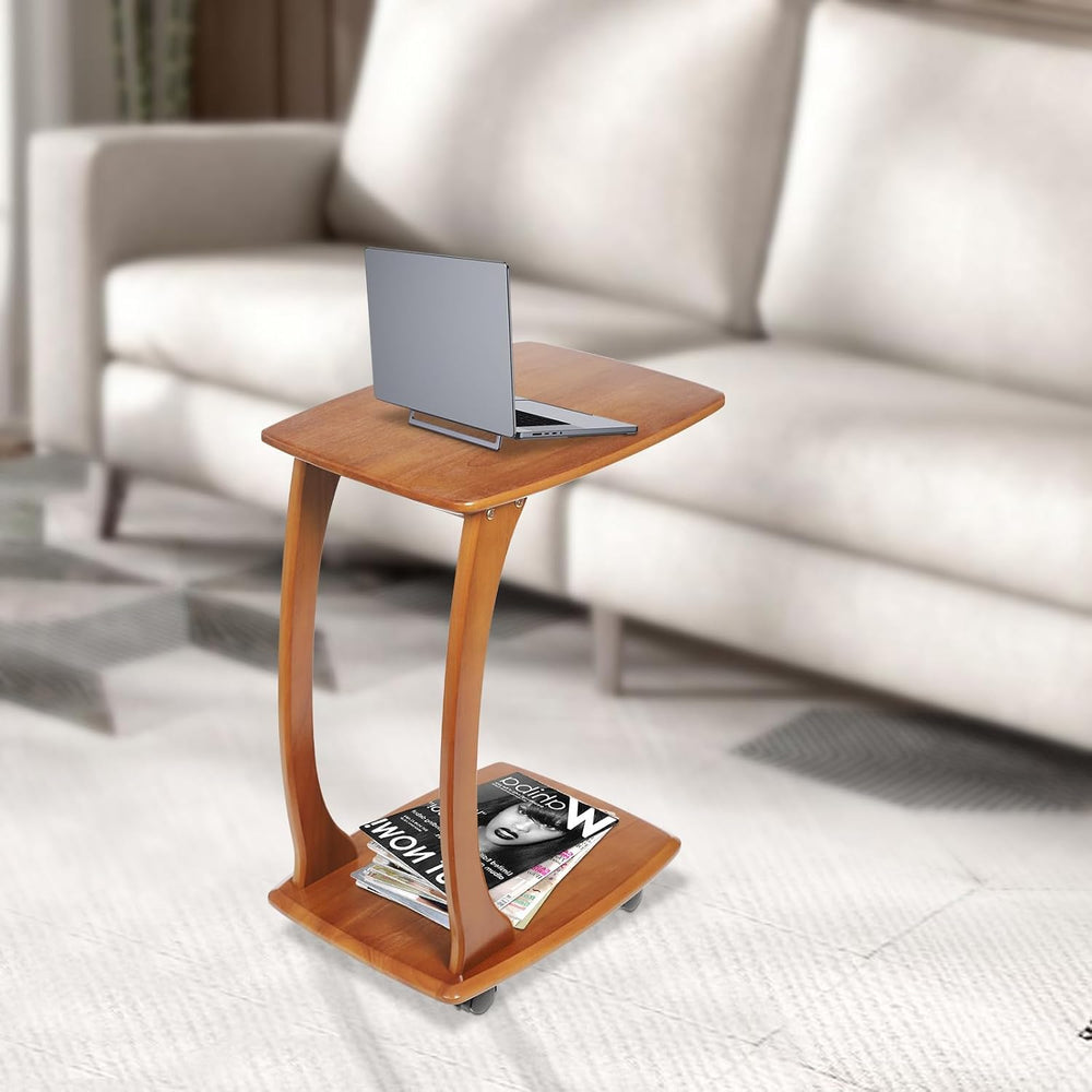 Solid Wood End Table with Rolling Wheels, C Shaped Side Table, TV Tray Table ...