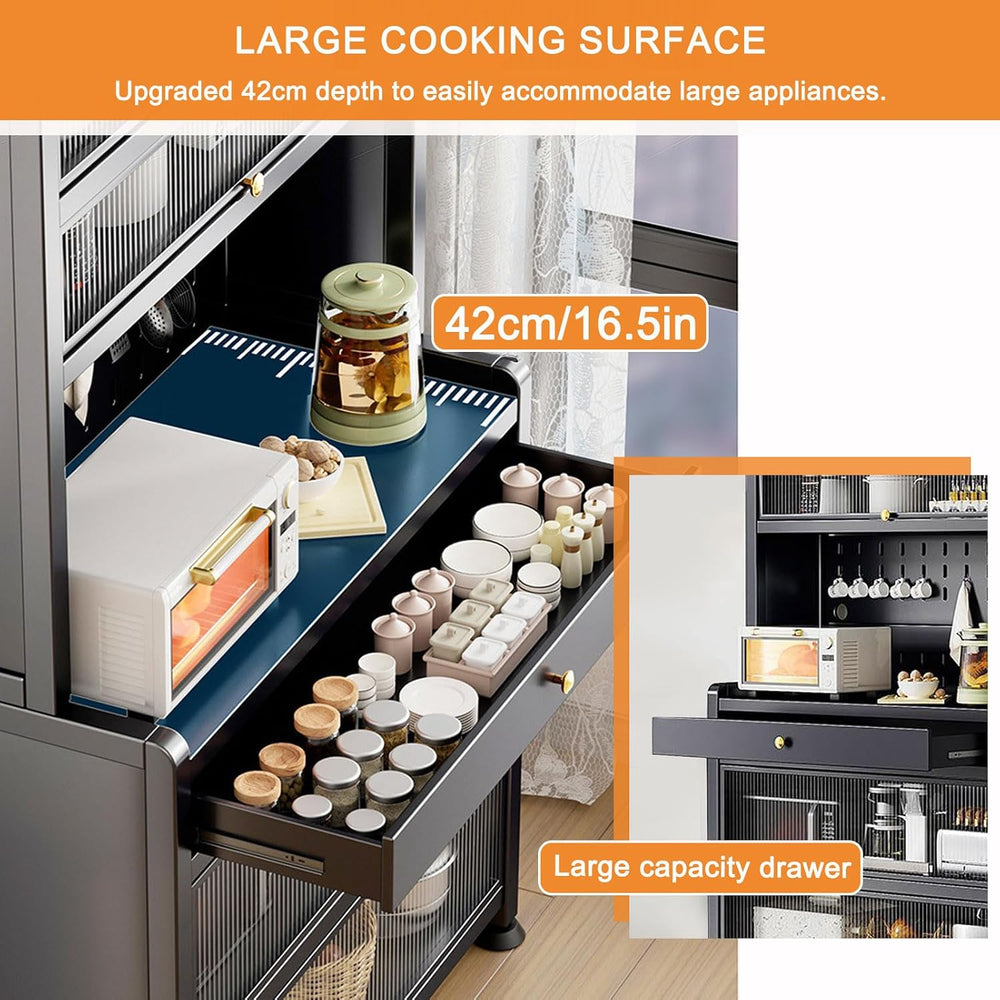 White Kitchen Pantry Cabinet with Microwave Stand Drawer Wheels and Ample Sto...