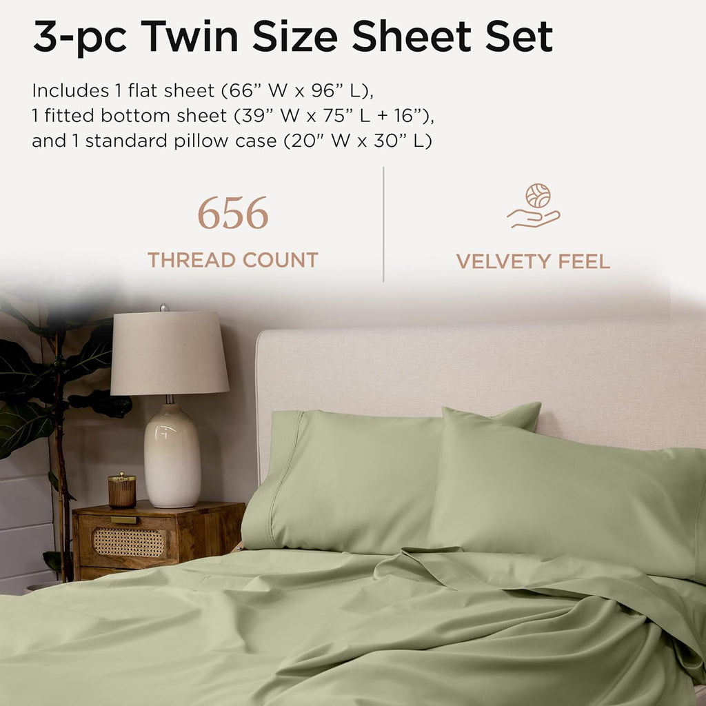 Threadmill Twin Sheet Set | 656 Thread Count 100% Supima Cotton Sheets for Twin Mattress | Solid Sateen Twin Bed Sheets Set with 16” Deep Pocket| Soft Breathable 3-Piece Cooling Sheet Set | Sage Green