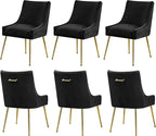 Velvet Dining Chairs Set of 6 Gold Legs,Upholstered Velvet Accent Chairs, Pleated Back Design & Gold Pull Handle, Mid Century Modern Chairs for Dining/Kitchen/Living Room,Black