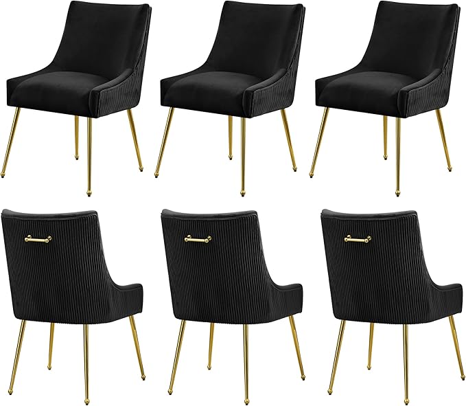 Velvet Dining Chairs Set of 6 Gold Legs,Upholstered Velvet Accent Chairs, Pleated Back Design & Gold Pull Handle, Mid Century Modern Chairs for Dining/Kitchen/Living Room,Black
