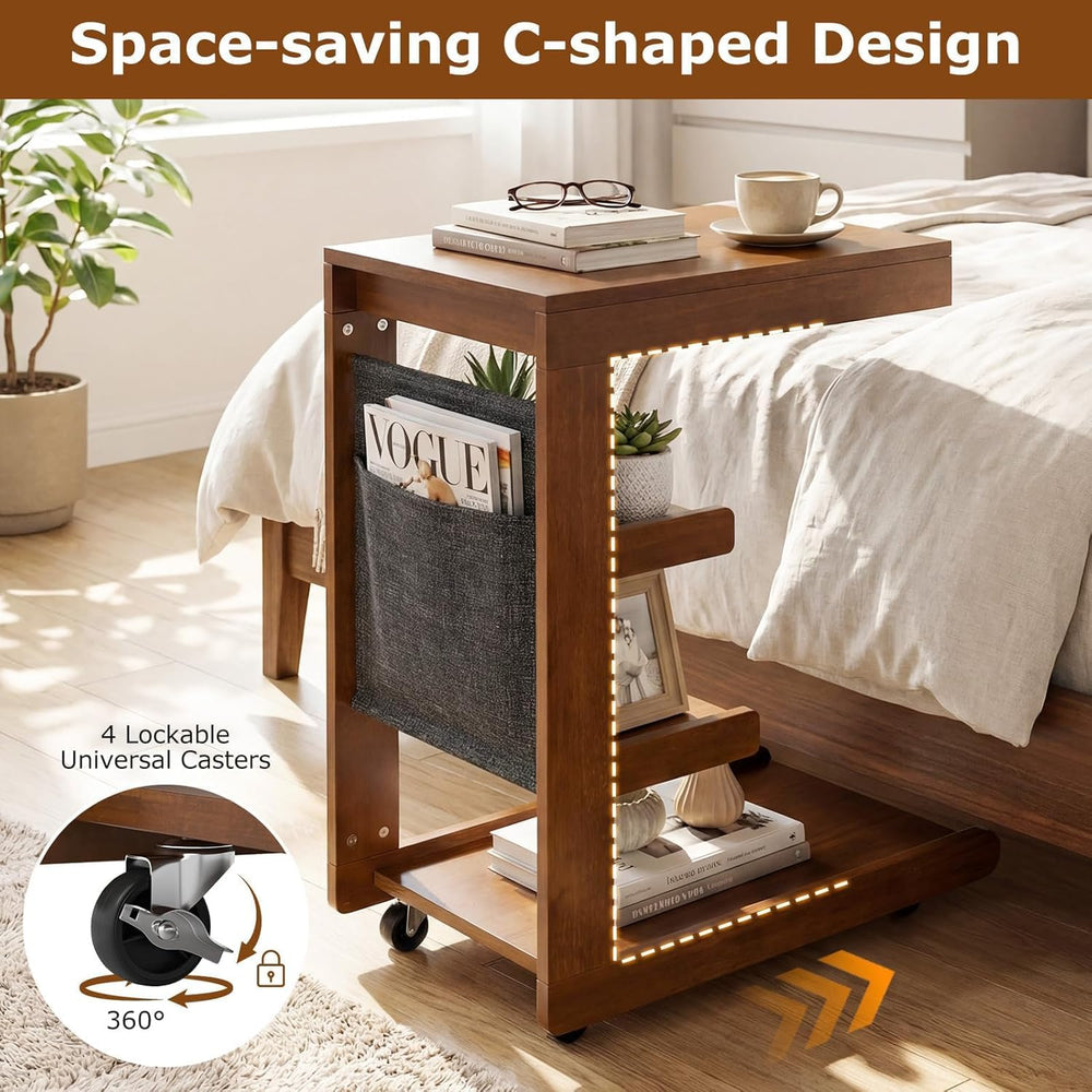 Byroce C Shaped End Table, Rolling Side Table with Adjustable Desktop, 4 Lock...
