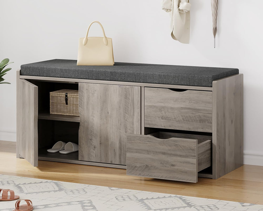 LVB 2-Tier Storage Bench with Padded Cushion, Entryway Shoe Bench with 2 Draw...