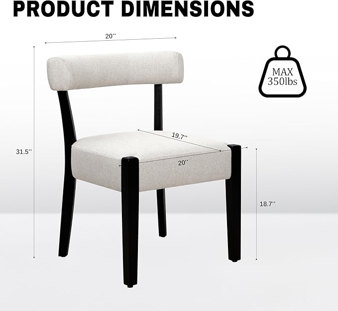 Modern Dining Chairs Set of 4, Upholstered Kitchen & Dining Room Chairs, Mid Century Modern Wooden Dining Chairs Oversized Sturdy Fabric Rounded Chairs Curved Back, Black and Beige