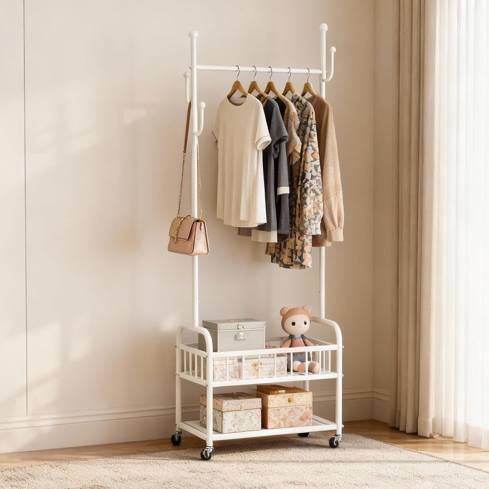 Free Standing Rolling Clothes Rack with Wheels Shoe Storage - White