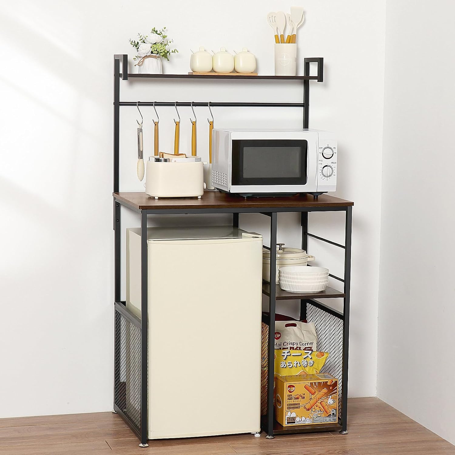 LUCKUP Mini Fridge Cabinet Microwave Stand with Shelf Storage, 4 Tiers Kitchen Bakers Rack with Adjustable Feet for Kitchen Dorm Space Saving, Rustic Brown