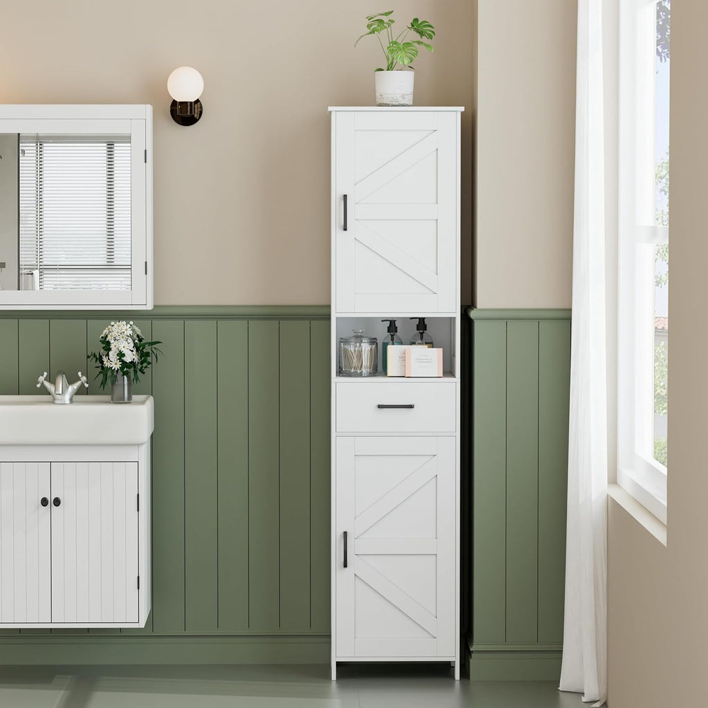 Homhedy 67" H Tall Bathroom Storage Cabinet with 2 Barn Doors and 1 Drawer, Narrow Storage Unit, Adjustable Shelves, Floor Cabinet for Bathroom, Living Room, Entryway, Kitchen, White, (15.7" W)