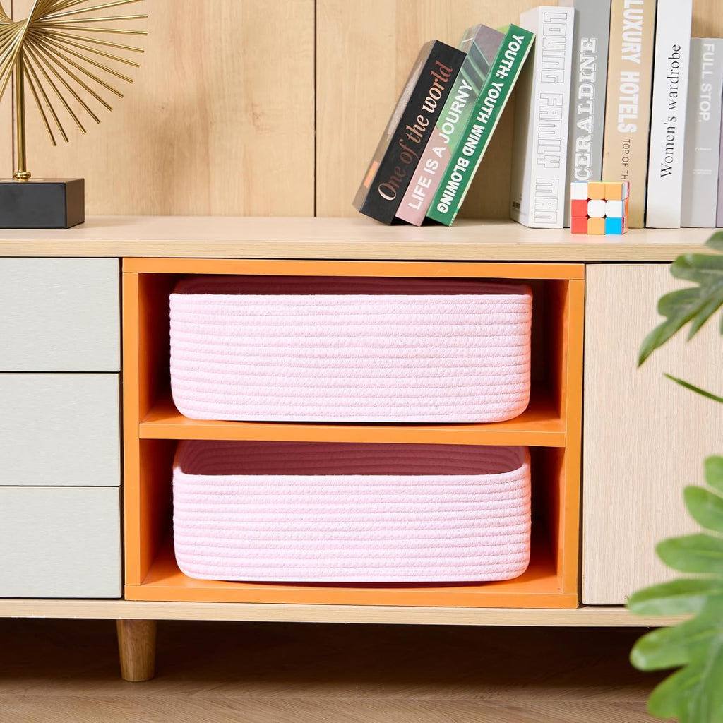 Large Shallow Organizing Baskets 15x11x5.1 Inches - Rope Woven Storage Bins for Bathroom, Shelves, Cube Closet, Light Pink 3 Packs