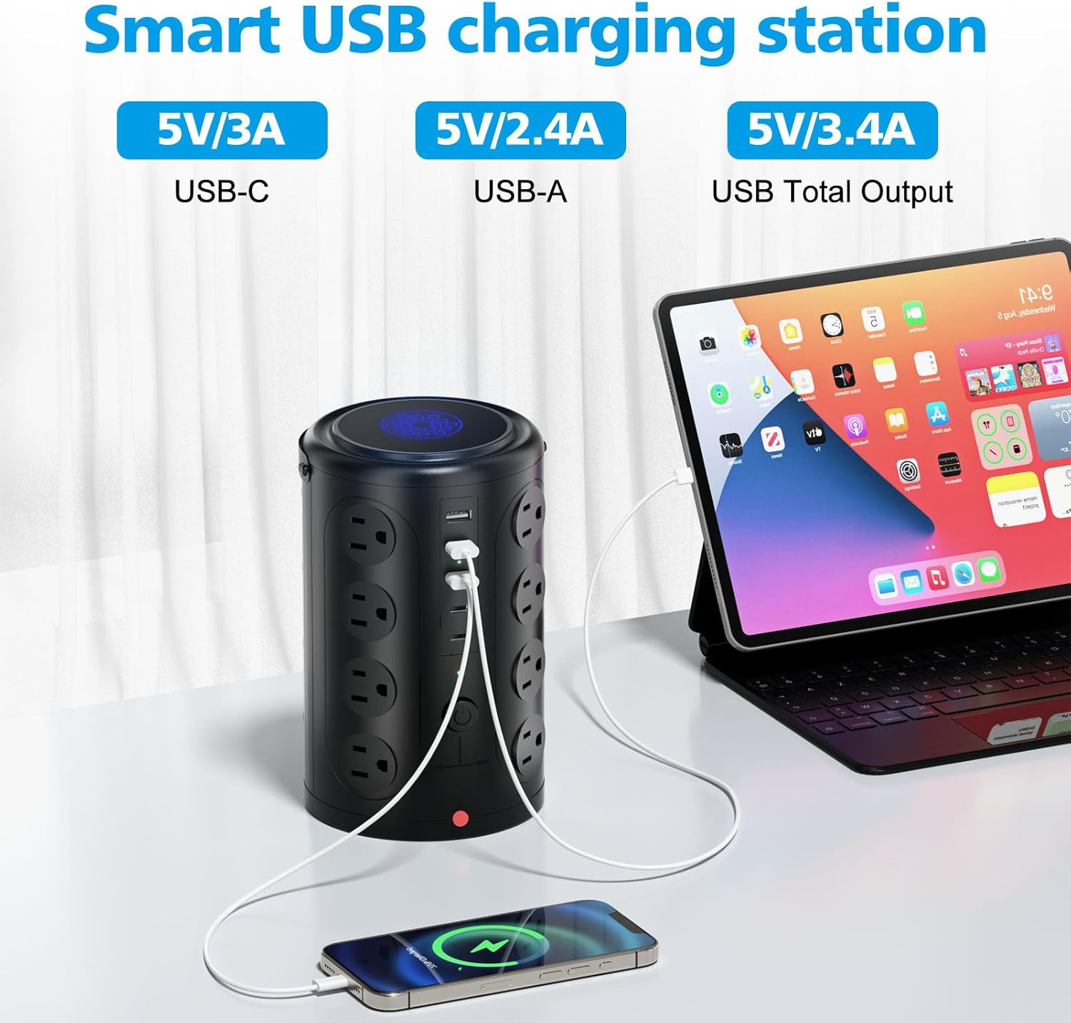 Power Strip Surge Protector Tower with 16 Outlets and 5 USB Ports (2 USB-C), 10ft Extension Cord, 45° Flat Plug, Charging Station for Home, Office, Dorm Room Essentials (Black)
