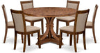 I7MZ7-50N-04 7-Pc Dining Set consists of a Pedestal Dining Table and 6 Light Tan Polyester Fabric Dining Chairs with Padded Back - Antique Walnut Finish