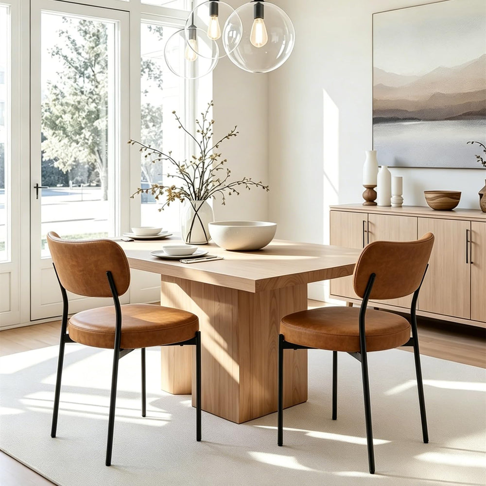 Brown Dining Chairs Set of 4 with Curved Back, Leather Dining Chairs with PU ...