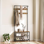 YATINEY Hall Tree, Coat Rack with Shoe Bench, 4-in-1 Entryway Bench with Storage Shelves, Hanging Rod and 8 Movable Hooks, Hall Tree with Storage Bench for Hallway, Rustic Brown and Black MT02BR