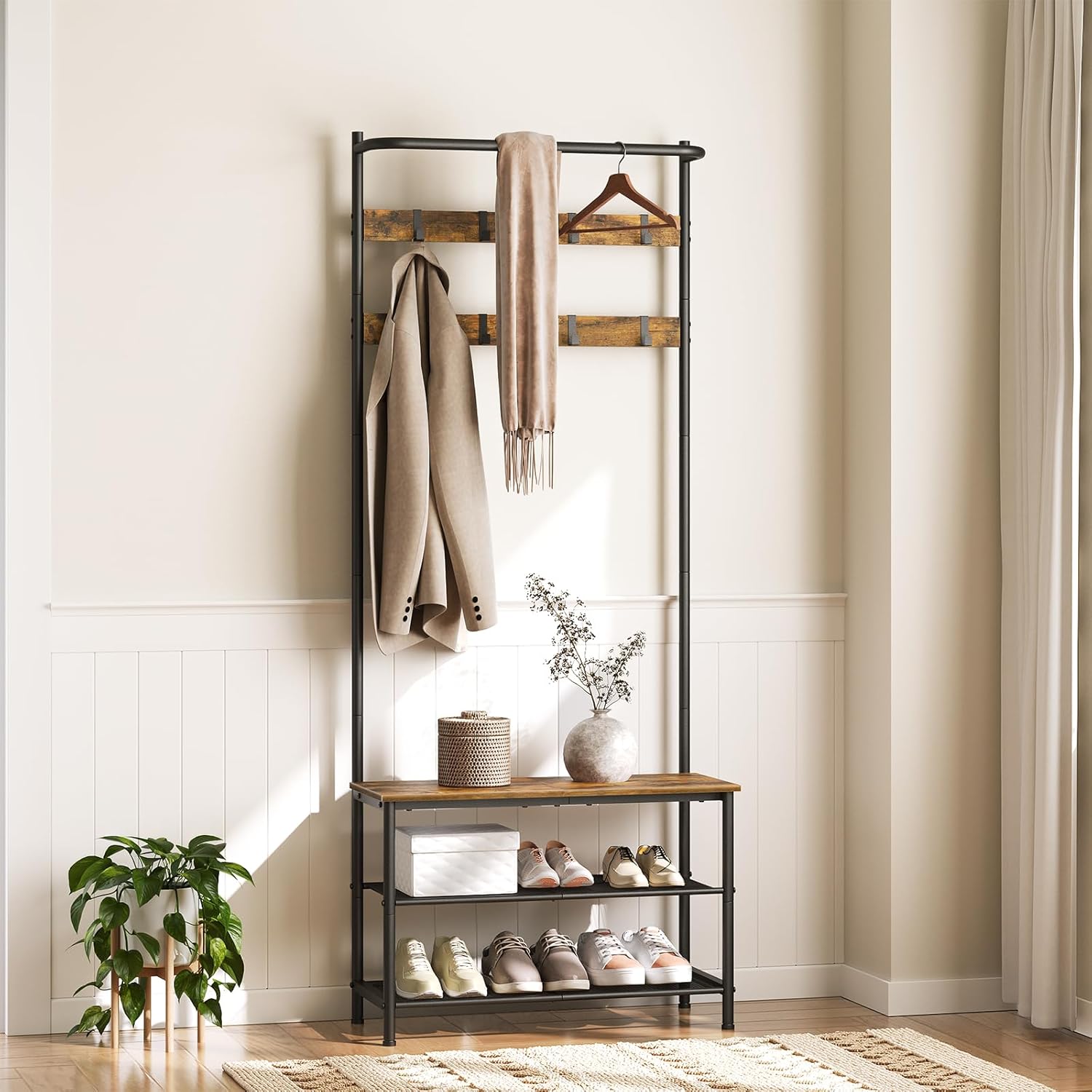 YATINEY Hall Tree, Coat Rack with Shoe Bench, 4-in-1 Entryway Bench with Storage Shelves, Hanging Rod and 8 Movable Hooks, Hall Tree with Storage Bench for Hallway, Rustic Brown and Black MT02BR