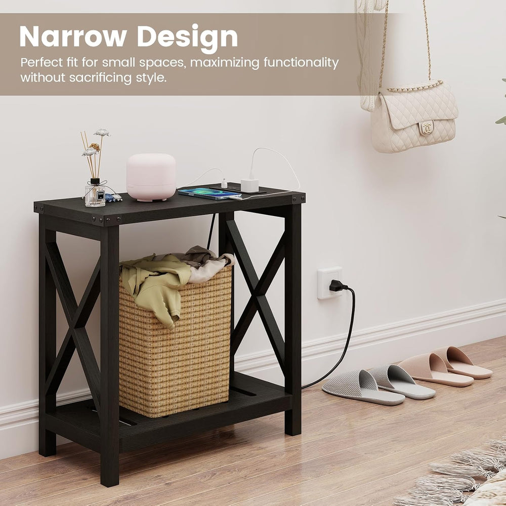 Hadulcet Farmhouse Side Table with Charging Station - Narrow Bedside Table fo...