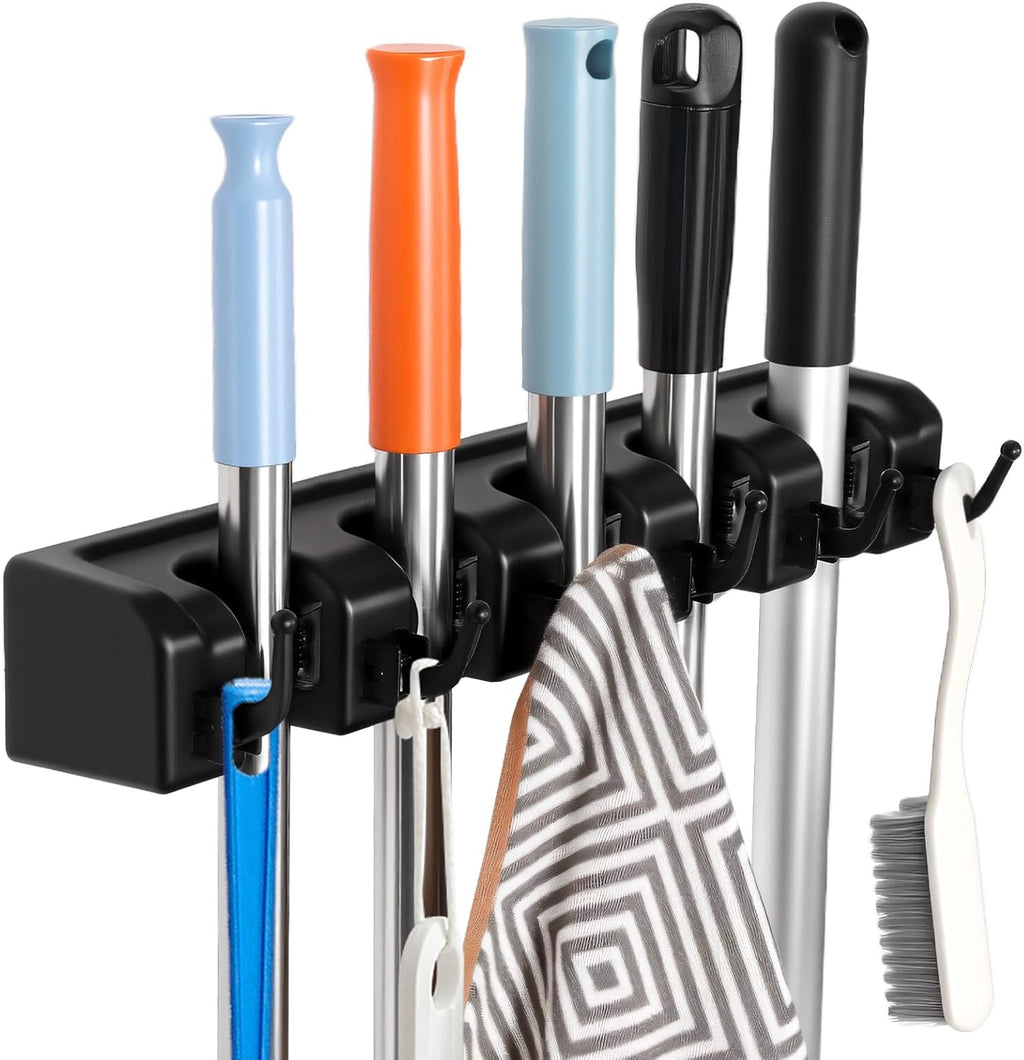 Broom and Mop Holder, Wall Mounted Organizer Mop and Broom Storage Tool Rack with 5 Ball Slots and 6 Hooks (1Pack)