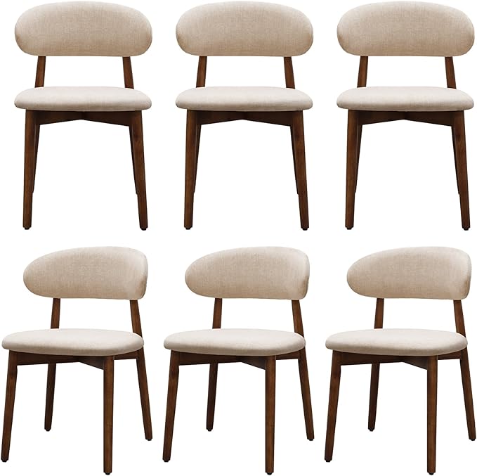 Farmhouse Dining Chairs Set of 6, Mid Century Modern Wooden Dining Room Chairs, Farmhouse Fabric Upholstered Kitchen Dinner Chairs for Living Room Restaurant Cafe, Walnut/Light Camel