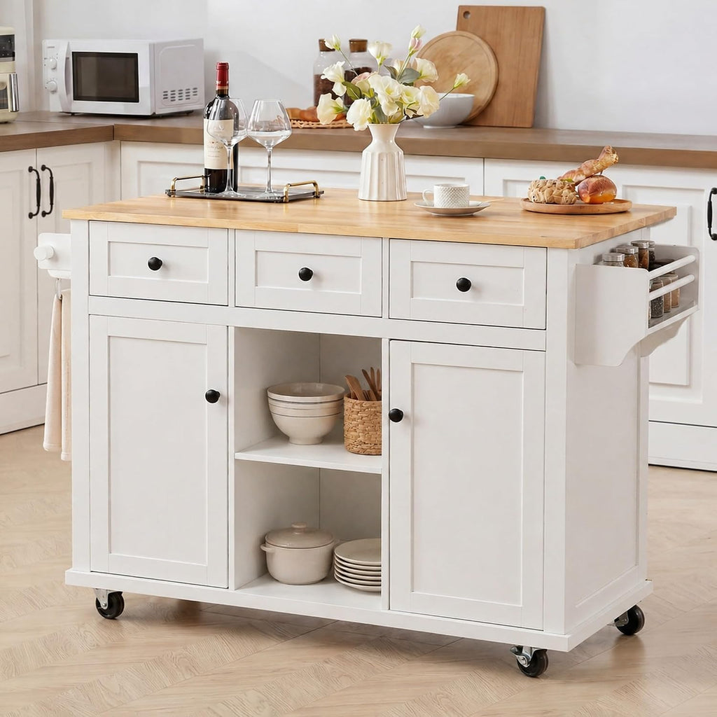 LUMISOL Rolling Kitchen Island with Drop Leaf and Storage, White | Kitchen Cart with 3 Drawers and 2 Cabinets, for Dinning Room