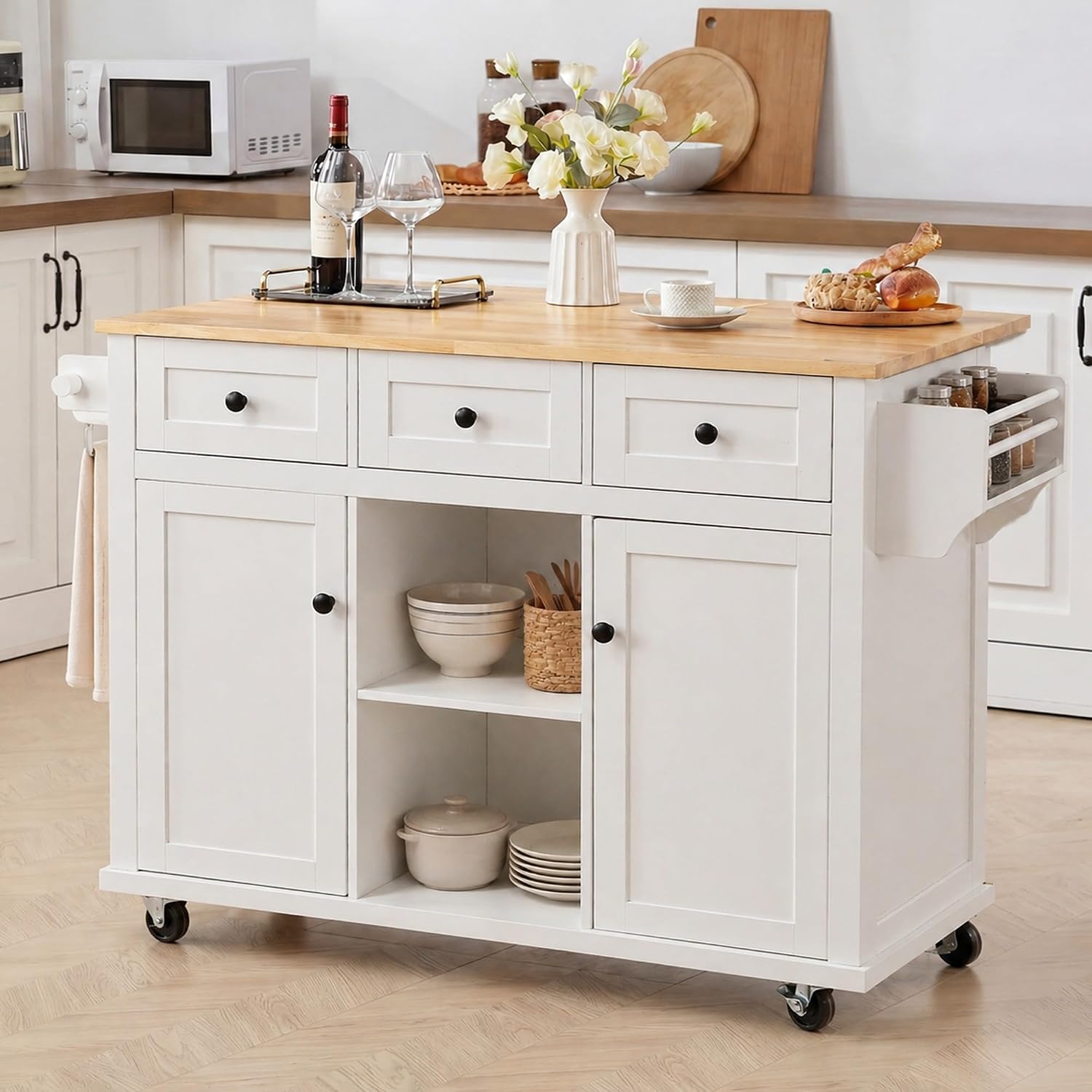 LUMISOL Rolling Kitchen Island with Drop Leaf and Storage, White | Kitchen Cart with 3 Drawers and 2 Cabinets, for Dinning Room