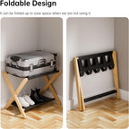HITNET Luggage Rack 2 Pack, Folding Suitcase Stand for Guest Room, Bamboo Luggage Holder with Storage Shelf for Hotel Bedroom, Natural