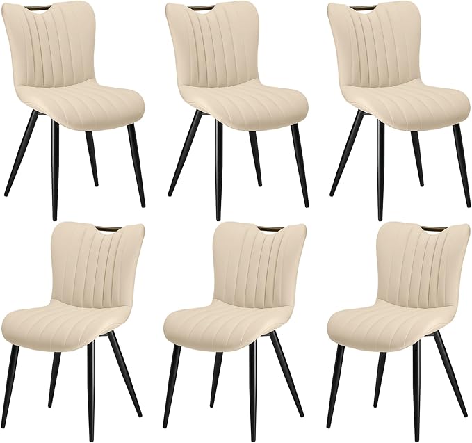 Leather Upholstered Dining Chairs Set of 6, Mid-Century Modern Kitchen Dining Room Chairs with Black Metal Legs, Armless Faux Leather Accent Kitchen Side Chairs Dinner Chairs, Beige