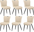 Leather Upholstered Dining Chairs Set of 6, Mid-Century Modern Kitchen Dining Room Chairs with Black Metal Legs, Armless Faux Leather Accent Kitchen Side Chairs Dinner Chairs, Beige