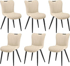 Leather Upholstered Dining Chairs Set of 6, Mid-Century Modern Kitchen Dining Room Chairs with Black Metal Legs, Armless Faux Leather Accent Kitchen Side Chairs Dinner Chairs, Beige