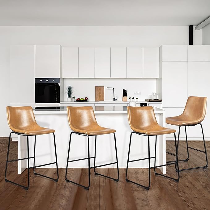 LEMBERI 26 inch Bar Stools Set of 4, Modern Counter Height Bar Stools Faux Leather Barstool with Back and Metal Leg, Armless Bar Chairs for Kitchen Island (Whisky, 4pcs 26")