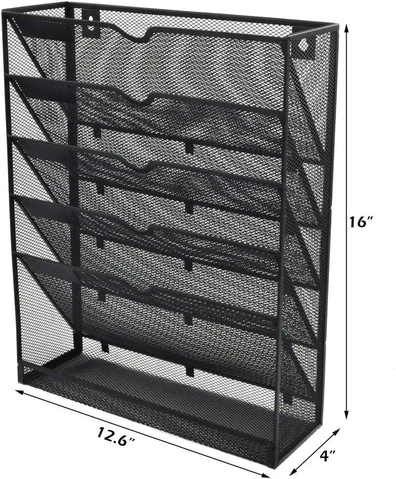 EASEPRES Desk File Organizer Mesh 6-Tier, Hanging Wall Mount Document Organization Stand, Desktop Vertical Mail Paper Folder Holder Rack with Bottom Tray for Office Home Cubicle, Sides Closed, Black