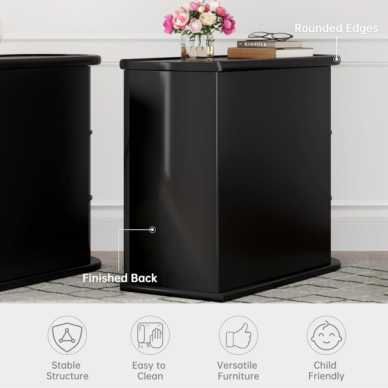 Wood End Table with 3 Drawers, No Assembly Required Narrow Sofa Side Table for Living Room, Vintage Slim Nightstand Bedside Table Bedroom (3 Drawers, Black, 2 Pcs)