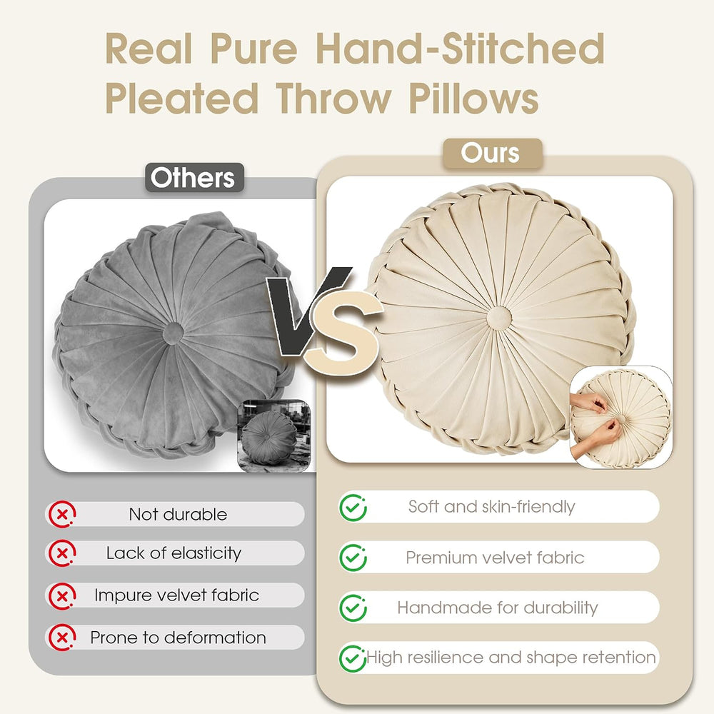 ROSE&RISY Round Pleated Velvet Throw Pillows, 2 Pack Decorative Accent Pu...
