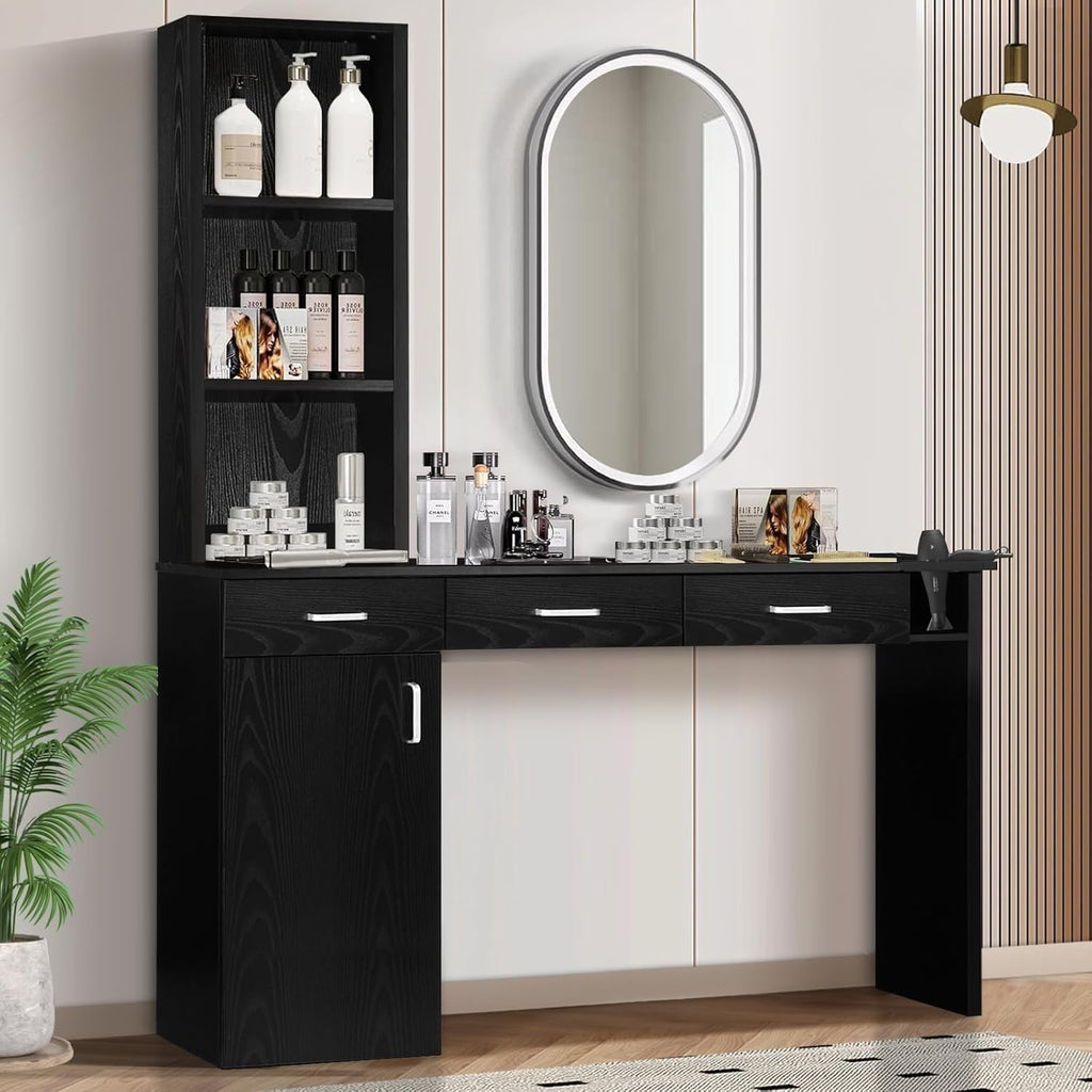 4ever2buy Barber Station for Hair Stylist, Salon Wall Station with Barber Cabinet, Hair Stations Equipment Hair Dryer Holder, Drawers, Wall Mount Barber Beauty Station, Mirror not Included, Black