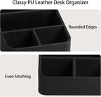 Remote Control Holder, PU Leather Small Desk Organizer with 4 Compartments, Nightstand Organizer Desk Caddy for Remote, Notepad, Phone, Glasses, and Accessories (Black)