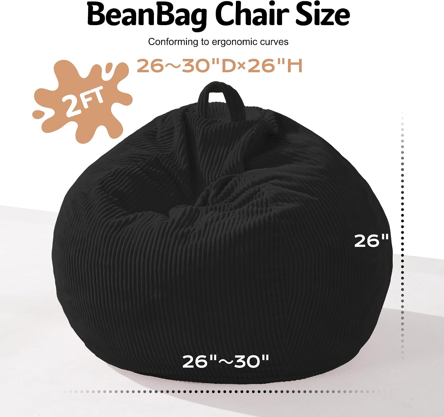 Homguava 2FT Bean Bag Chair,Teardrop Beanbag Chair Bean Bags with Handle | Small Bean Bag with Memory Foam Filled and Ultra Soft Corduroy Cover for Living Room, Bedroom（Black 2FT)