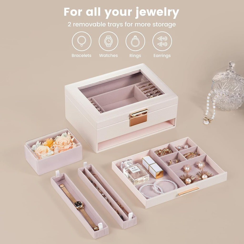 Lolalet Jewelry Organizer with Glass Lid, 2-Layer Jewelry Box Case with Drawer, Earrings Watch Ring Display Storage -Beige