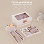 Lolalet Jewelry Organizer with Glass Lid, 2-Layer Jewelry Box Case with Drawer, Earrings Watch Ring Display Storage -Beige