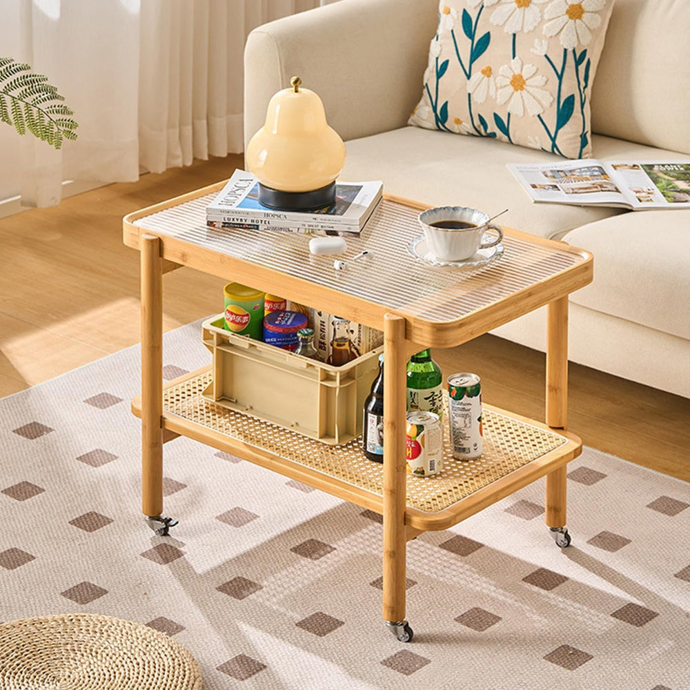Bamboo Rattan End Table with Wheels, 2 Tier Modern Coffee Table Couch Side Ta...