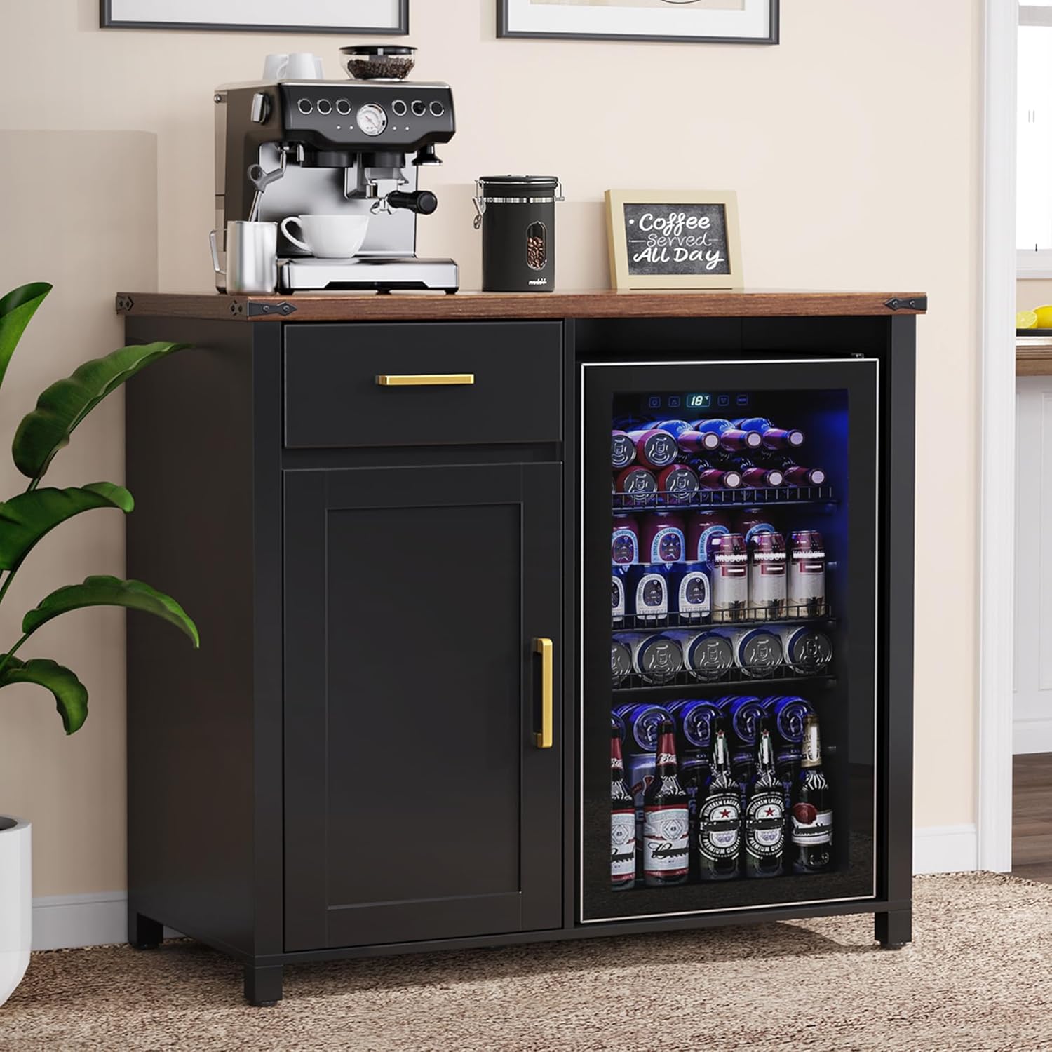 GDLF Coffee Bar Cabinet with Fridge Space, Mini Fridge Stand,Black | Compact Refrigerator Stand, Large Drawer & Cabinet, Black Finish with Warm Brown Top for Kitchen, Office, Dorm & Snack Bar
