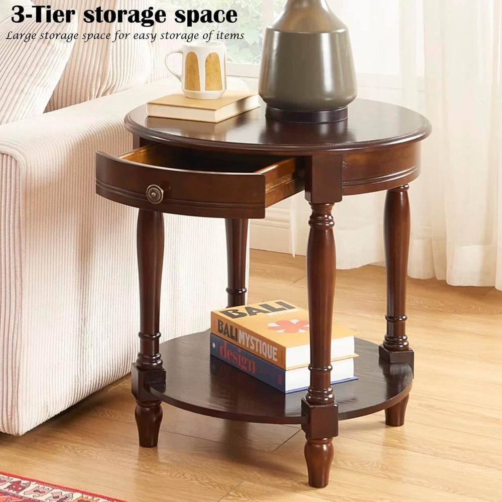 YUNMUAIR-Solid Wood End Table,Round Side Table with Drawers,Vintage Nightstan...