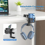 KDD 3 in 1 Headphone Hanger with Cup Holder - Rotatable Headset Hook & Desk Cord Organizer - Suitable for Coffee Mups, Water Cups, Headphone, Charging Cables, Home & Office