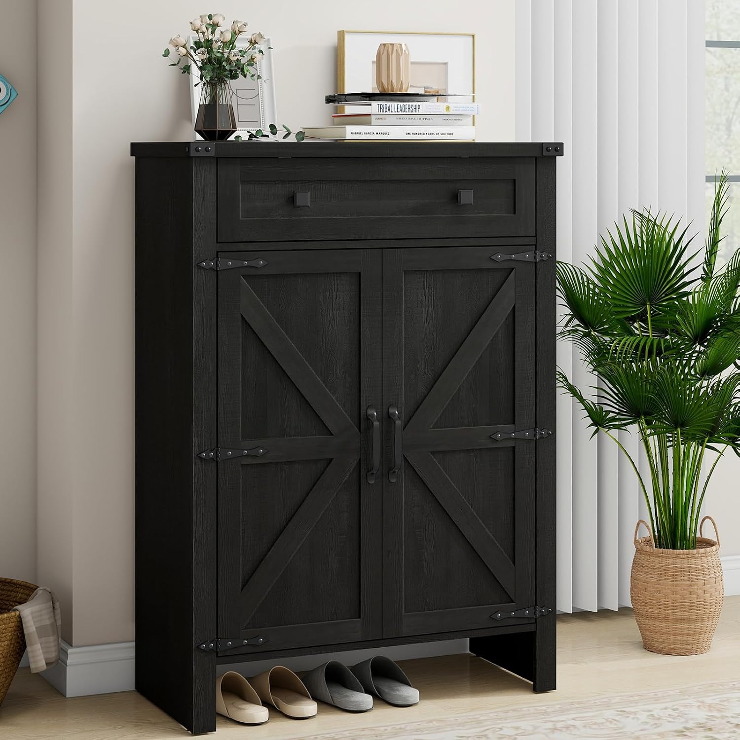 Halitaa Shoe Cabinet, Farmhouse Shoe Storage Organizer, Shoe Storage Cabinet with Doors & Drawer, Boots High-Shoe Cabinet Organizer for Entryway Living Room Hallway, Black