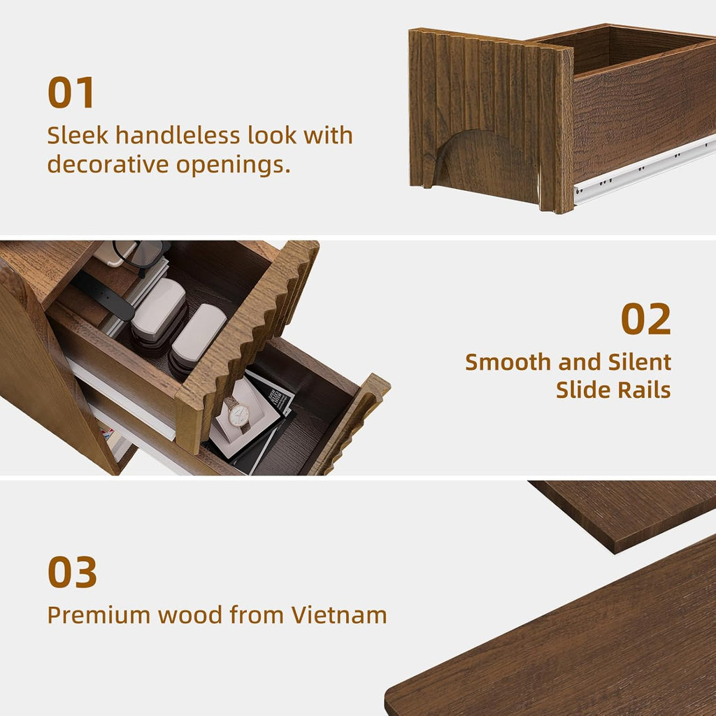 Slim Bedside Table Set of 2, Narrow Nightstand with Drawers, Fluted Wood Nightstand, Mid Century Modern End Table, Skinny Tall Nightstand, for Bedroom Walnut