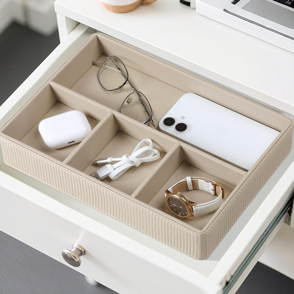 PU Leather Valet Tray, Decorative Trinket Vanity Desk Drawer Organizer Tray, Perfume Dish Catch All Bowl for Keys, Nightstand Drawer Organizer Women Men with 4 Compartments (Beige)