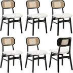 Black Rattan Dining Chairs Set of 6 Sherpa Dining Room Chairs Natural Wooden Kitchen Chairs Farmhouse Boho