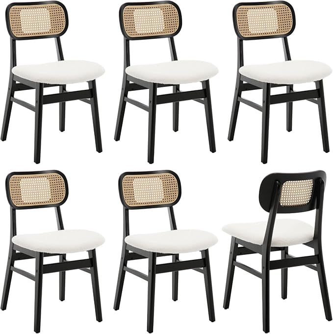 Black Rattan Dining Chairs Set of 6 Sherpa Dining Room Chairs Natural Wooden Kitchen Chairs Farmhouse Boho