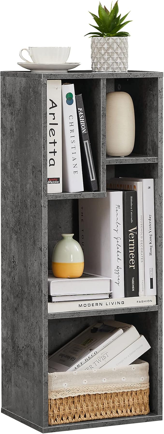 VECELO Small Bookshelf, 4 Cube Slim Bookcase, Fits Tallest Hardcovers, Horizontal Available, Modern Floor Standing Unit, Each Shelf Hold Up to 66 LBS, Modern Gray