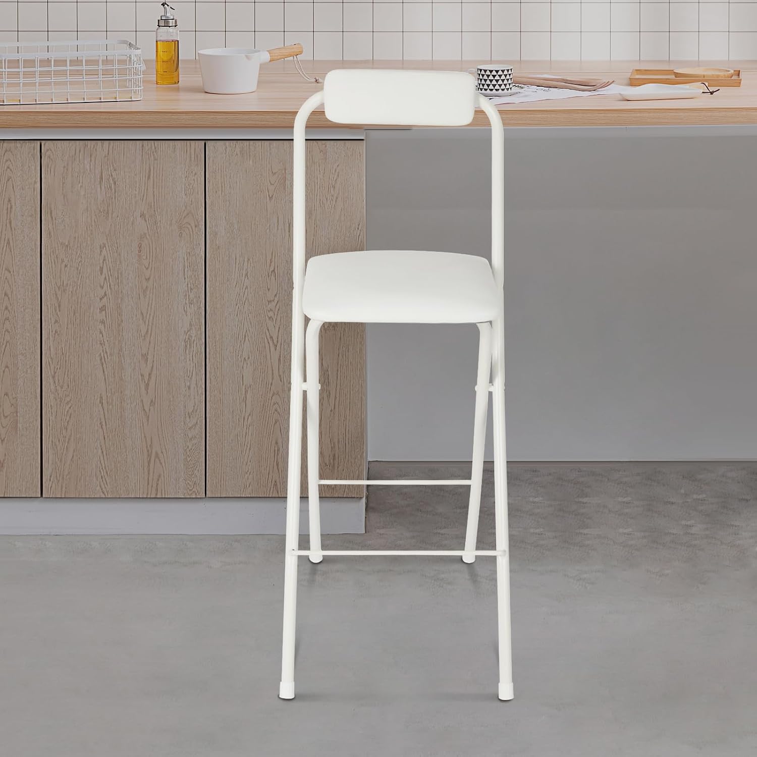 70cm Tall Adjustable Folding Bar Stool with Backrest - Portable Foldable Stool Chair for Kitchen, Outdoor & Commercial Use (1-Pack, Space Saving Design)‌ (White)