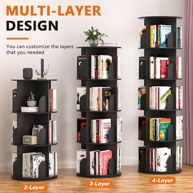 Nidouillet Rotating Bookshelf Tower, 5 Tier Spinning Bookcase Lazy Susan, Revolving 360 Book Shelf Storage Round Organizer, Vertical Rotate Turning Corner Book Case for Small Space, Black
