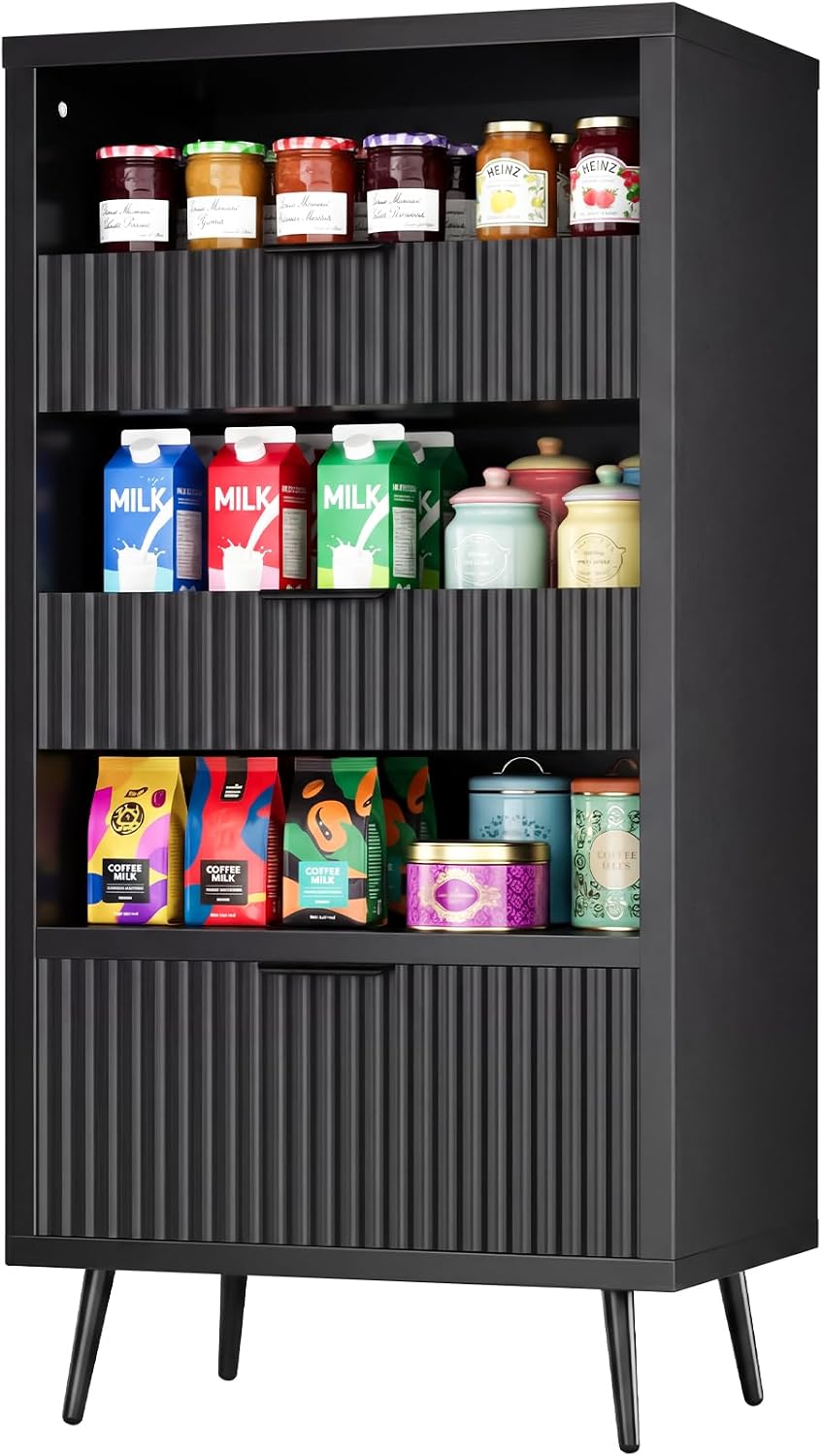 51" Tall Modern Black Storage Cabinet, Freestanding Kitchen Pantry Cabin...