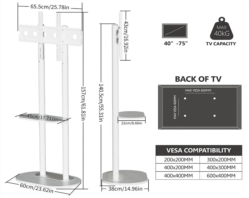 unho White Floor TV Stand with Shelf for 45-75 inch Flat LCD LED Screen TVs |...
